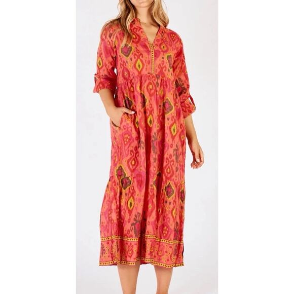 LULALIFE Lula Life Long Sleeve V-neck Abstract Aztec Cotton Midi Dress Sz Small - Picture 1 of 9